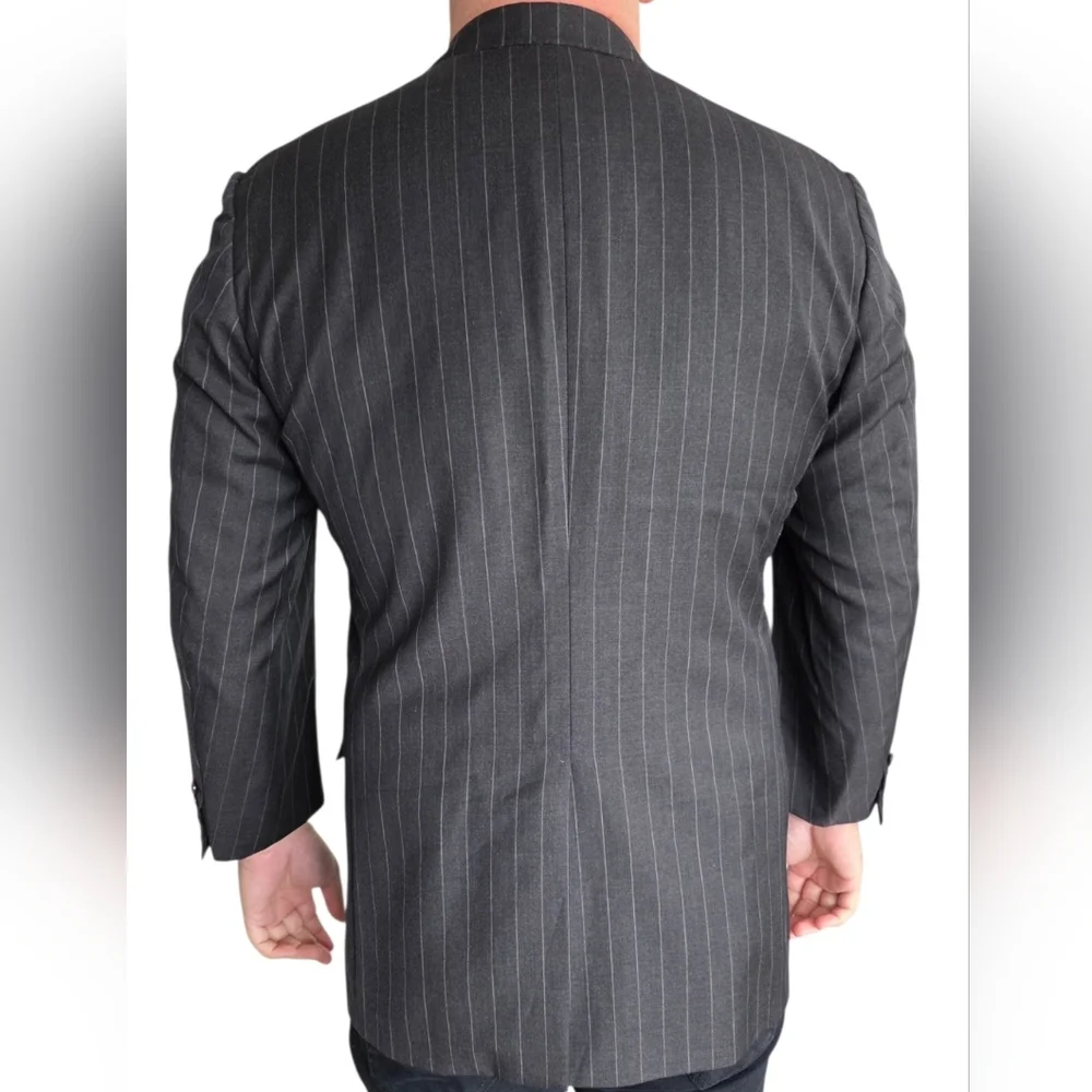 VTG Polo Ralph Lauren Italy Wool Pinstripe Blazer 44R Gray‎ Luxury Preppy Formal